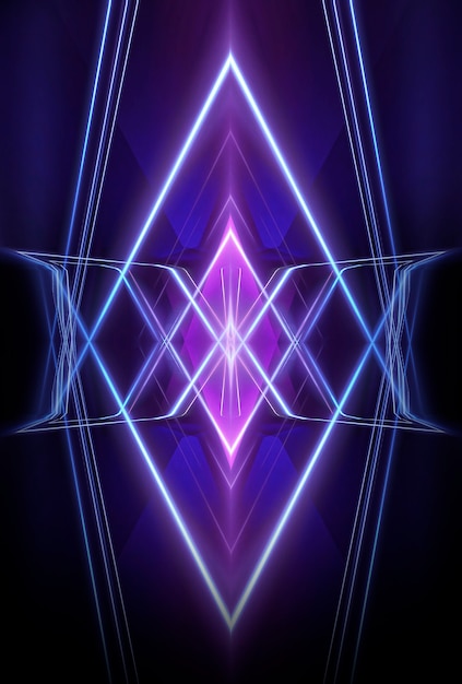 Empty stage wall in purple color, spotlights, neon rays. Abstract wall of neon lines and rays. Abstract wall with lines and glow. Empty stage the reflection of neon lights