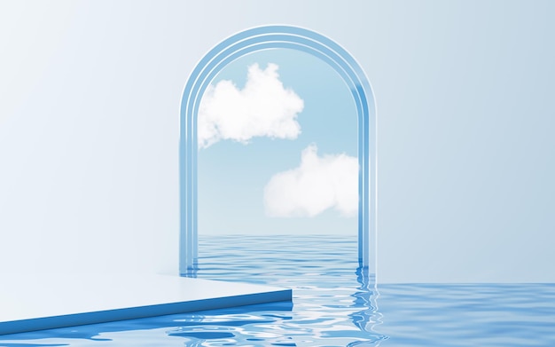 Foto scena vuota sulla superficie dell'acqua sfondo bianco nuvoloso rendering 3d