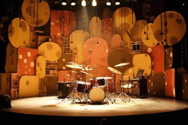写真 コンサートの準備ができたドラムセットのある空のステージ