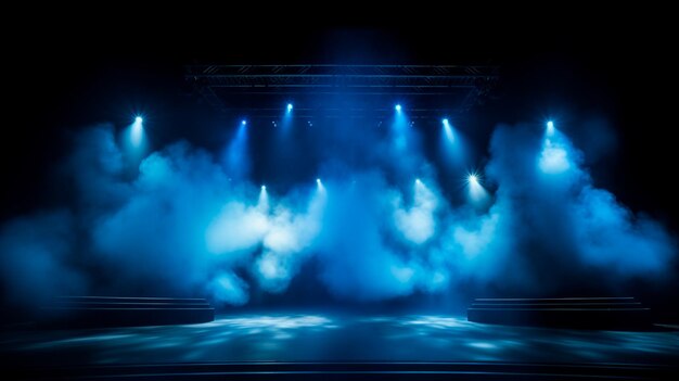 Empty stage with blue light smoke fog