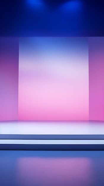 An empty stage with blue and pink lighting