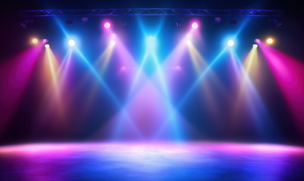 Empty stage with colorful spotlights Scene lighting effects