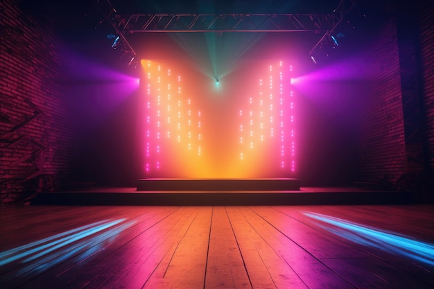 Empty stage with colorful stage lighting created with generative ai