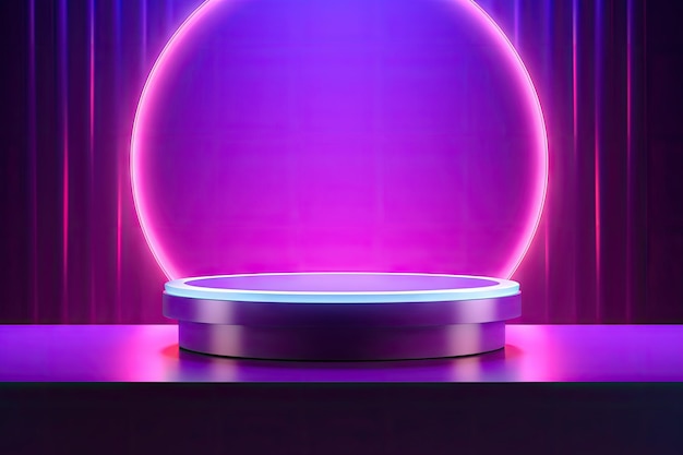 Empty stage with cylindrical podium and circle shape on holographic neon purple background used to d