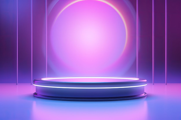 Empty stage with holographic neon background showcases a single cylinder podium and circle shape for