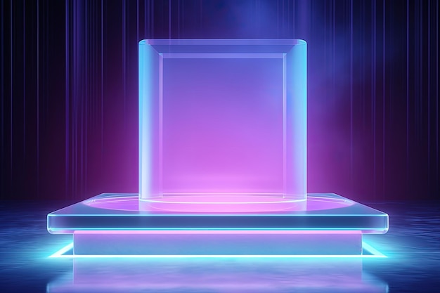 Empty stage with holographic neon background and water filled glass beads as a surreal setting for p