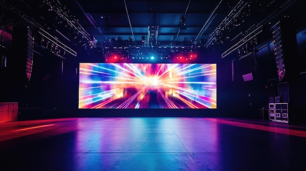 An empty stage with a large LED screen displaying dynamic visuals creating an immersive concert experience