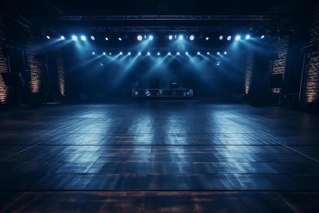 an empty stage with lights shining on it