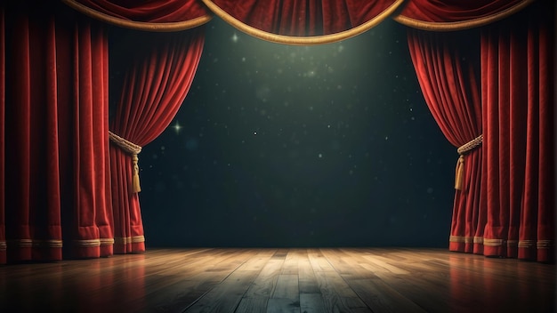 Foto un palco vuoto con tende rosse, riflettori e un'atmosfera elegante.