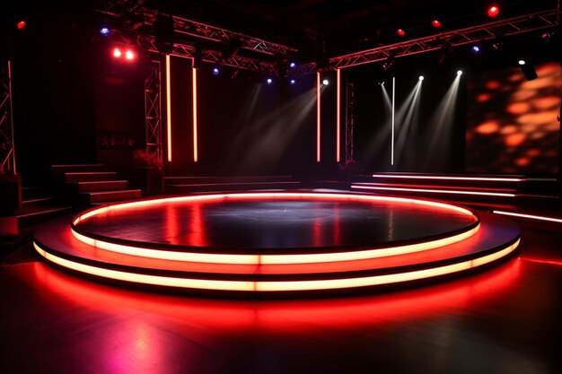 Empty stage with spotlights and lighting effect in the dark room