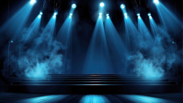 Empty stage with spotlights and smoke exuding a mysterious vibe