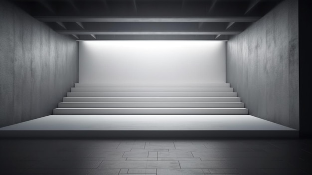 A empty stage with a white wall and a light on it.