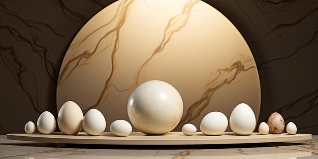 an empty stand with white egg shells and white marble eggs on it geometry and rhythm graphic design