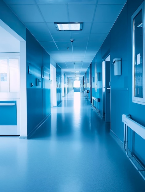 Photo empty sterile clean hospital hall in blue light modern medical establishment interior generative ai