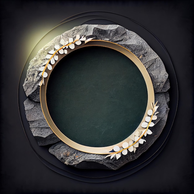 An empty stone circle frame with floral elements on black background