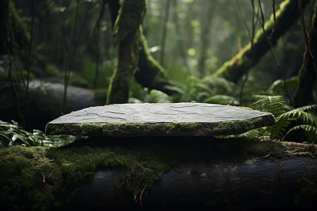 Photo empty stone platform in the forest with moss and ferns