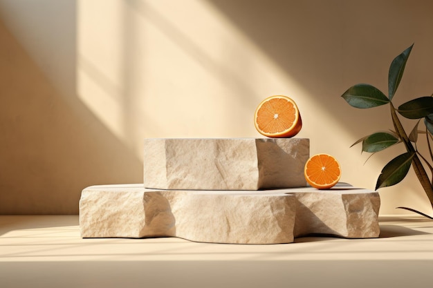 베이지색 배경 에 잎 과 오렌지 조각 이 있는 제품 전시 를 위한 빈 돌 포디움