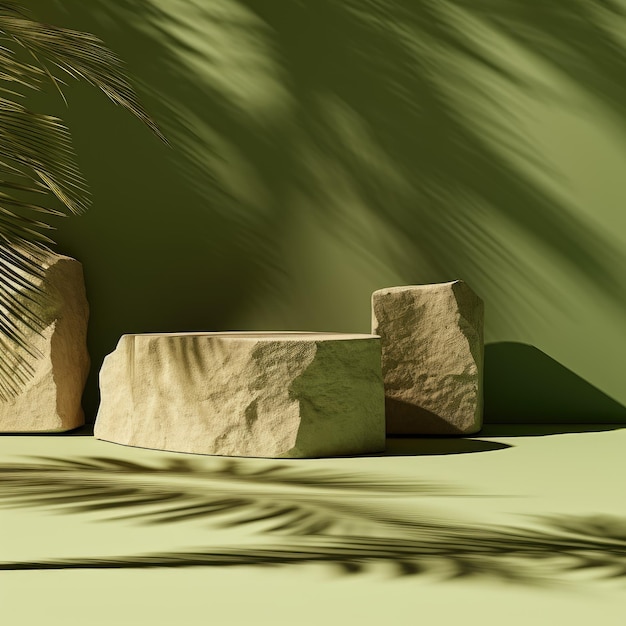 Пустой каменный подиум для экспозиции продукции на зеленом фоне в тени тропических листьев