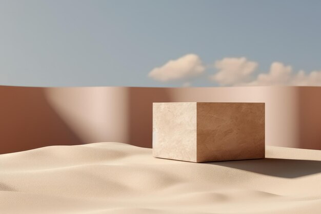 青い空の砂の上に製品を展示するための空の石のポディウム