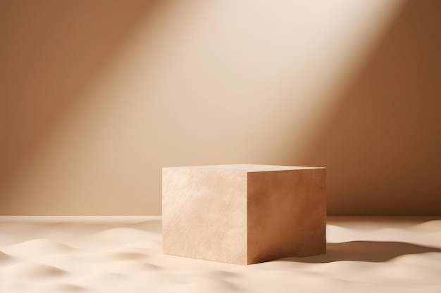 Empty stone podium for product display on a pile of sand with sun shadow