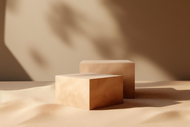 Empty stone podium for product display on a pile of sand with sun shadow