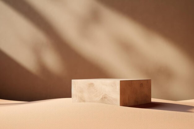 Пустой каменный подиум для экспозиции продуктов на куче песка с тенью от солнца