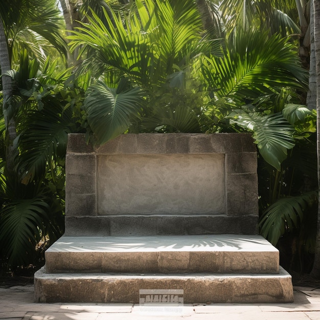 Photo empty stone podium with nature tropical leaves