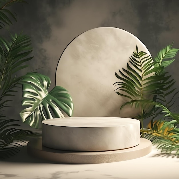 Empty stone podium with nature tropical leaves