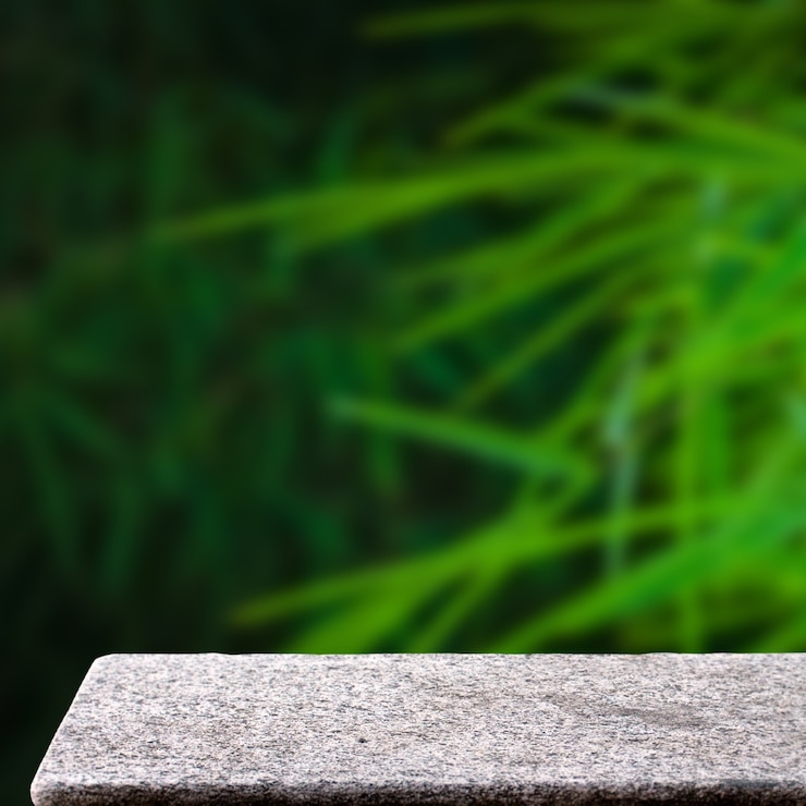 Photo empty stone table in outdoor green bamboo leaves nature sunlight square display background