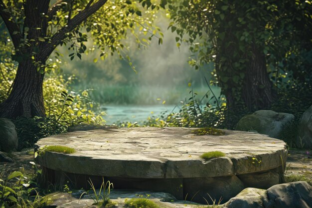 Empty stone table in a park with trees and foggy background