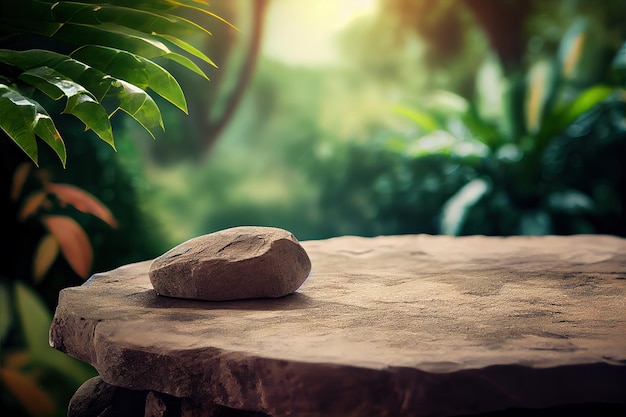 Empty stone table for product advertising display in fresh green jungle