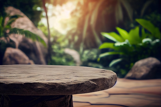 Empty stone table for product advertising display in fresh green jungle