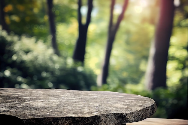 Empty stone table for product advertising display in fresh green jungle
