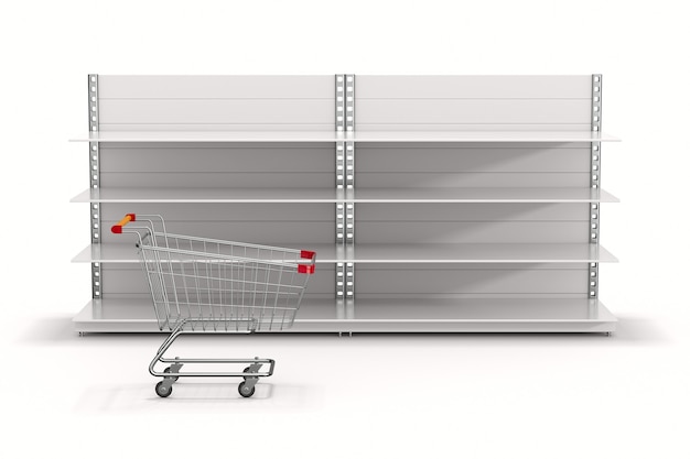 空の店の棚と白い背景の上のショッピングカート。分離された3Dイラスト