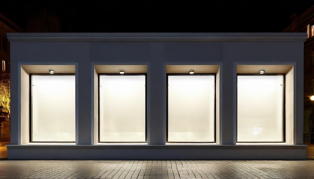 Photo empty store window at night blank posters in illuminated storefront showcase