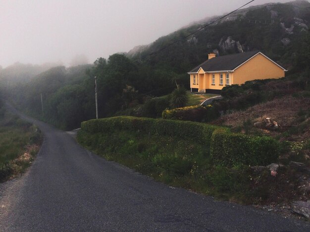 Empty street by house during foggy weather