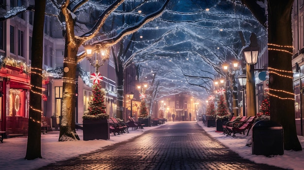 Empty street decorated for Christmas Winter wonderland AI generated image