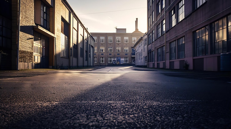 Photo an empty street in front of some buildings with a sky background in an industrial ar generative ai