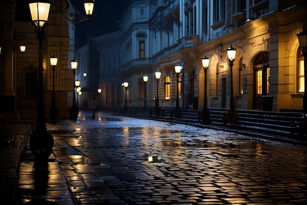 an empty street at night with street lights