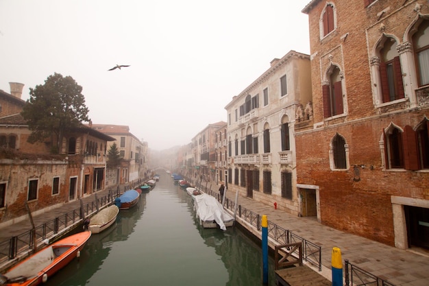 Empty street of old Venice on winter misty day, Venice, Italy