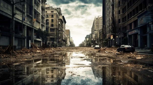 Photo empty streets in city after hurricane and rain