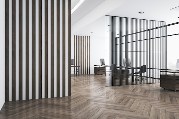 Empty striped wall in stylish office with wooden furniture airy\
partition parquet and big window mock up