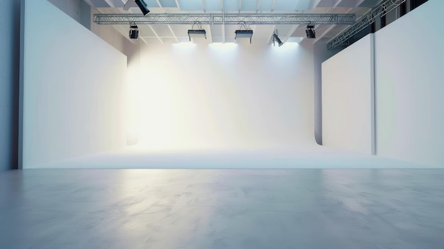 empty studio with soft lighting and a blank white backdrop