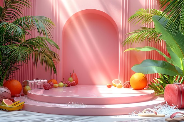 Фото Пустая стильная трибуна 3d-мокет фона для презентации концепции продукта красоты летняя платформа, окруженная пальмовыми листьями косметика, парфюмерия или домашние товары рекламный стенд