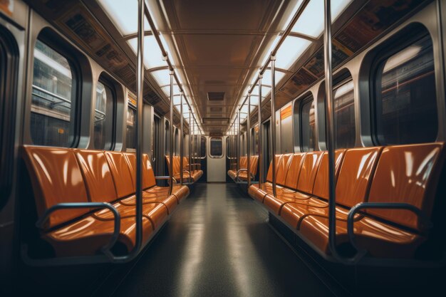 Пустой вагон метро Интерьер поезда метро с сиденьями Генеративный ИИ