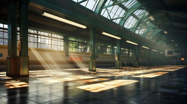 An empty subway platform with sunlight beaming down from the ceiling skylights AI generated illustration