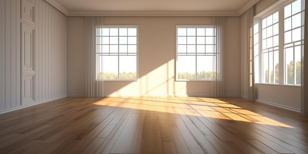 Пустая солнечная комната с большим окном и деревянным полом Архитектура внутренняя декоративная макетная сцена