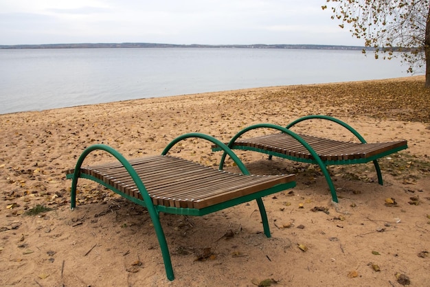 Empty sun loungers on the beach closeup