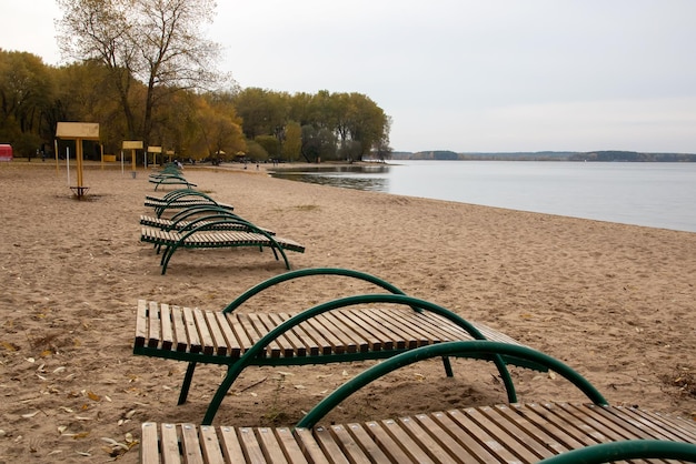 Empty sun loungers on the beach closeup