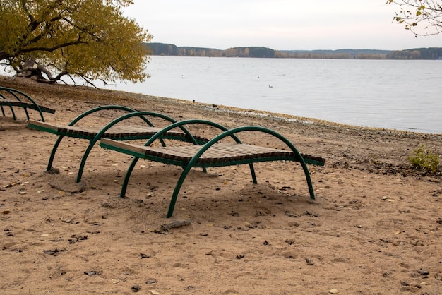 Empty sun loungers on the beach closeup